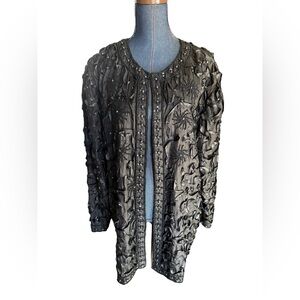 Vintage Tan Chho Womens Jacket Sz 1X Jeweled Beaded 100% Silk Ribboned